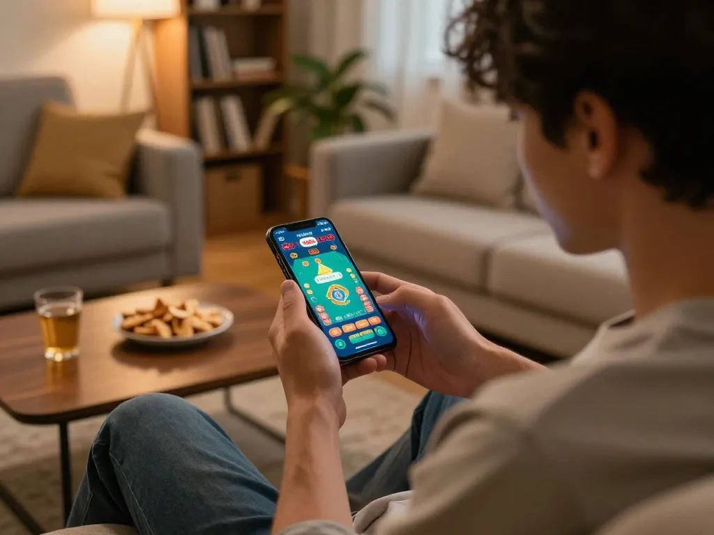 Player enjoying Go88 tài xỉu on mobile app in cozy living room setting, highlighting engaging gameplay.