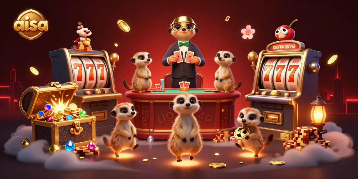 Aisa meerkats manage a lively casino operation featuring colorful slot machines and treasure busting with gold.