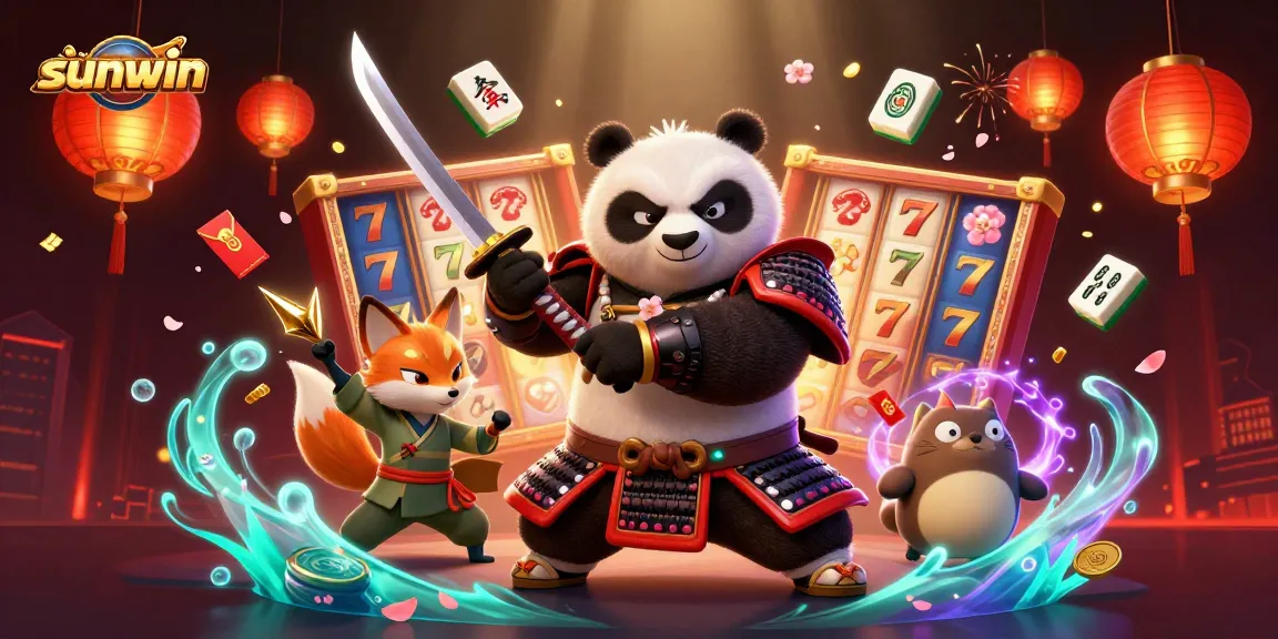 Experience the thrill of sunwin with a vibrant slot game scene featuring a samurai panda and ninja fox.