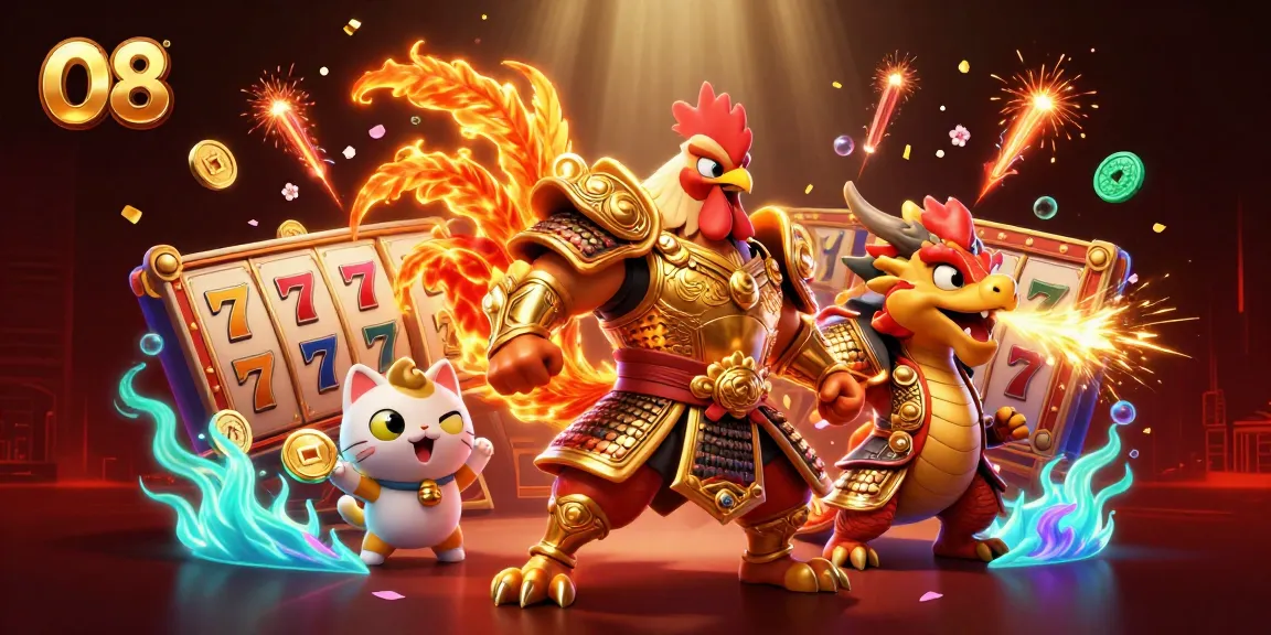 Experience exciting wins at O8 with a powerful rooster warrior in a vibrant casino scene.