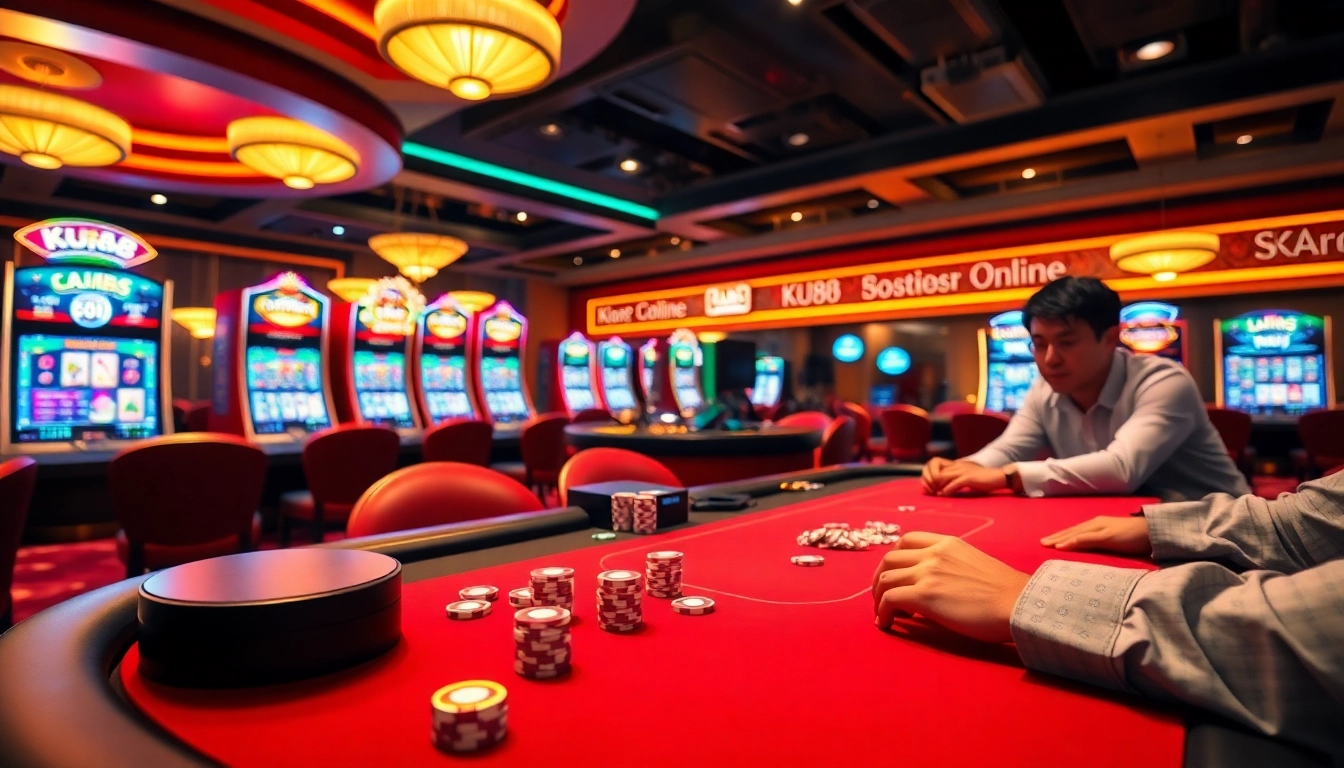 Engage with luxury gambling at KU88, featuring casino tables and vibrant slot machines.