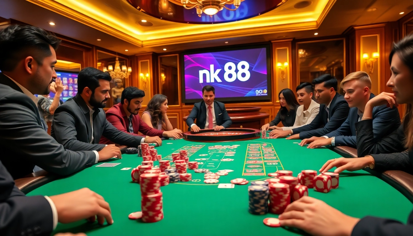 Gamblers experiencing the thrill of nk 88 at a luxurious casino poker table.