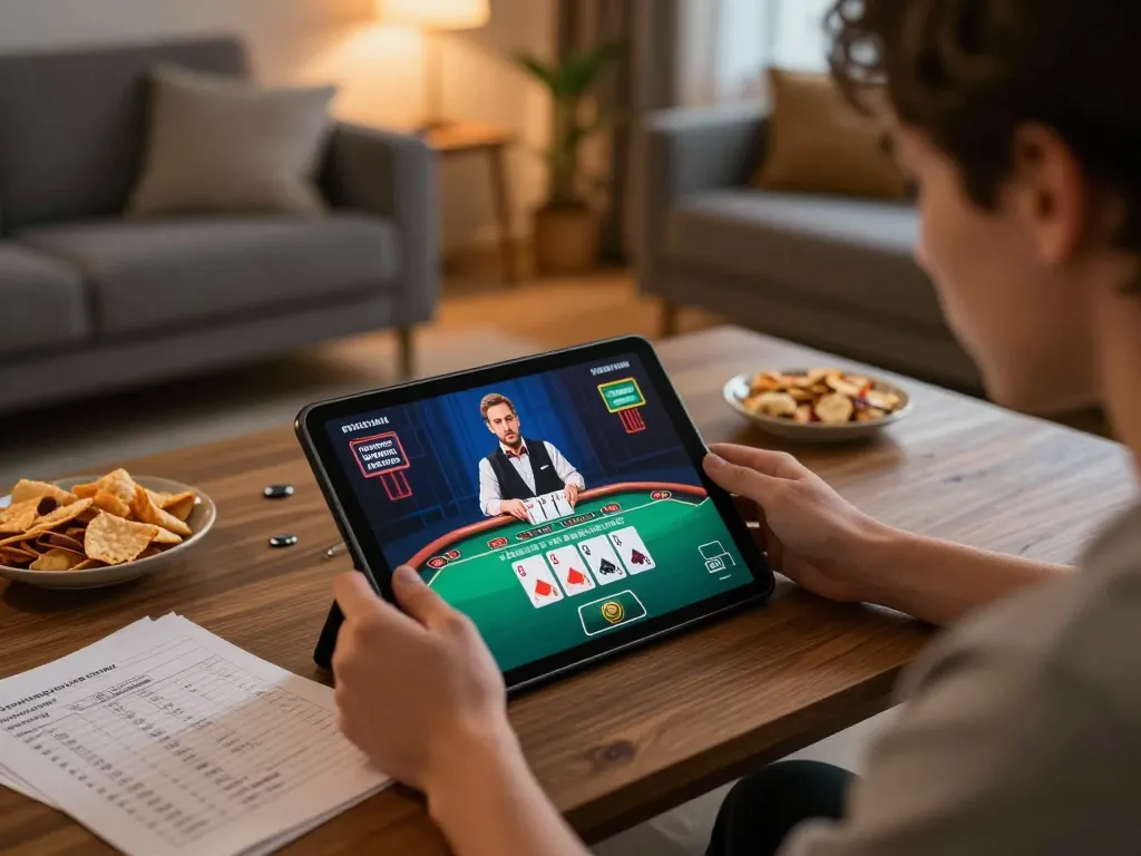 Engaging in strategic gameplay on dabet while managing bankroll at home during cozy evening.