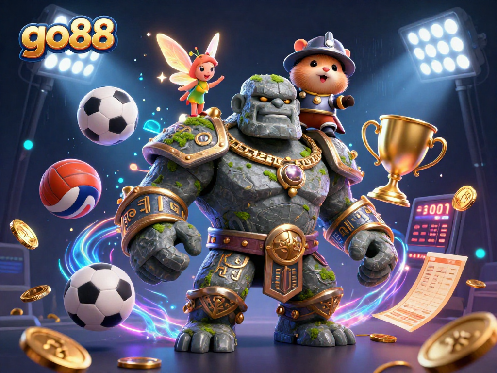 Experience the thrill of go88 with a dynamic scene featuring a golem, fairy, and hamster knight in an action-packed casino environment.