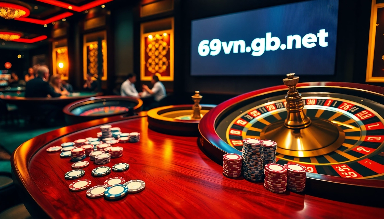 Exciting casino scene with poker table and roulette wheel featuring 69vn.gb.net prominently.