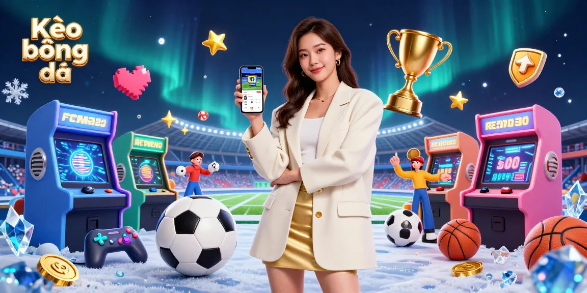Bet on Kèo bóng đá with a friendly Asian woman using a sports betting app surrounded by dynamic elements.