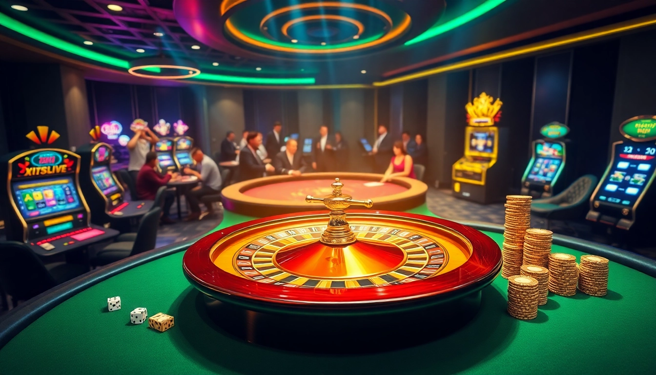 Engage in thrilling betting at https://hz88.blue/ with a dazzling casino scene showcasing roulette, poker, and slot machines.
