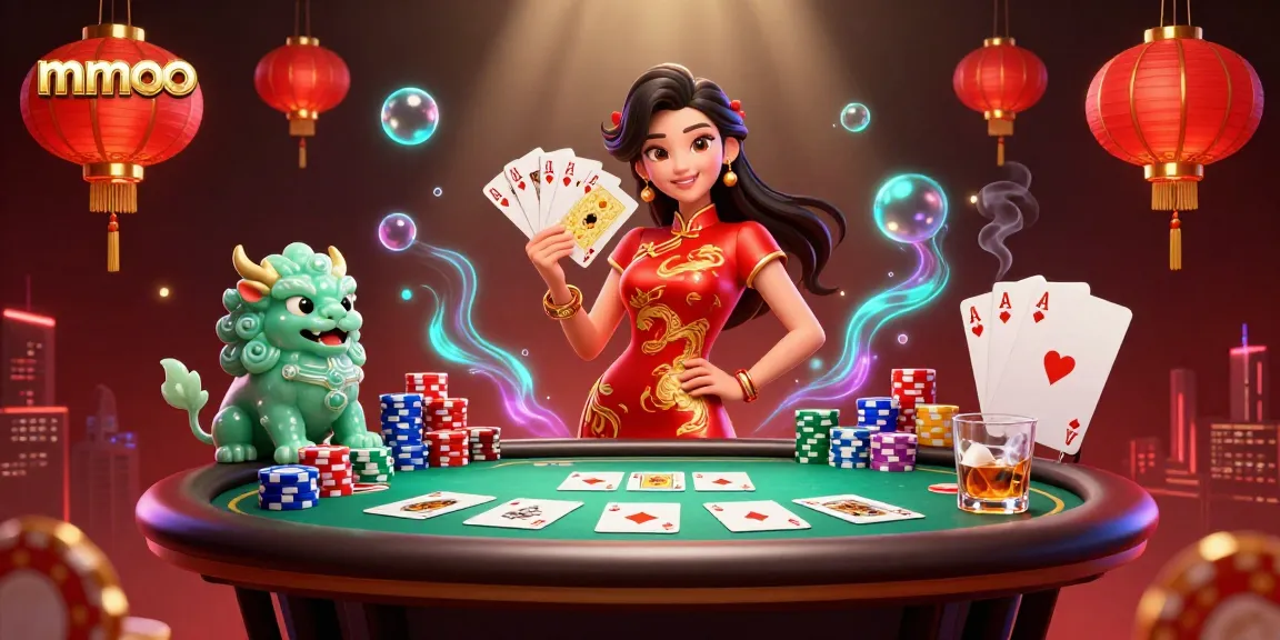 Engage in mmoo's vibrant casino atmosphere with 3D characters, poker elements, and dynamic visuals.