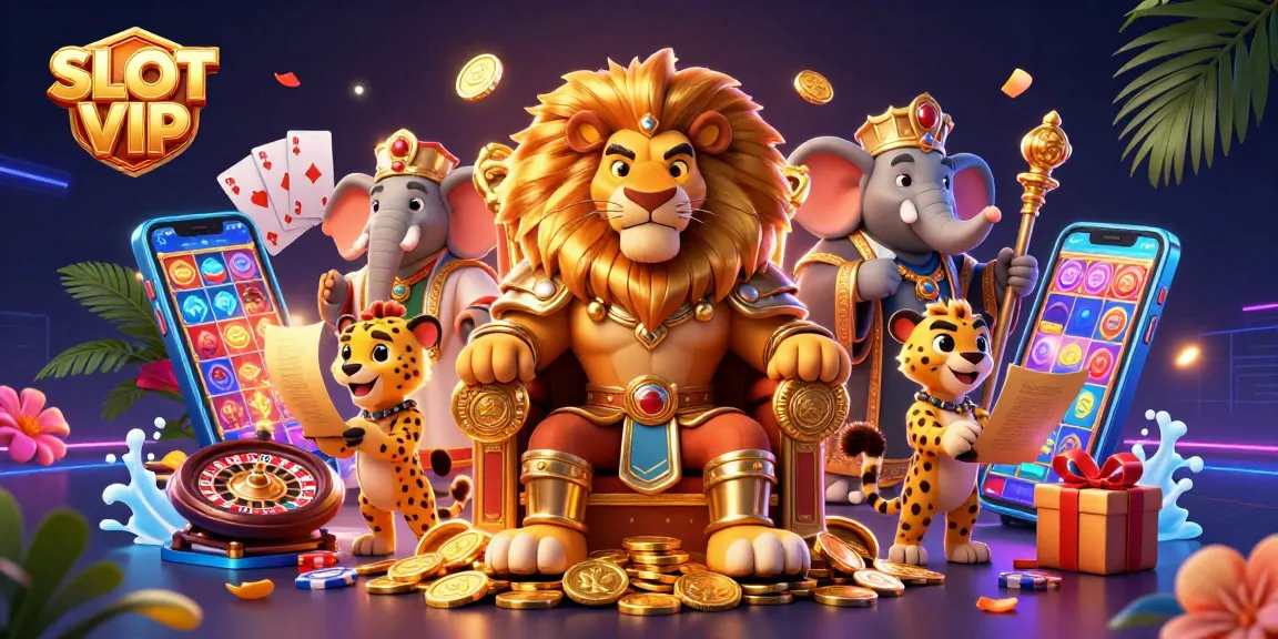 Spin the reels with SLOT VIP, featuring regal characters and vibrant casino elements.