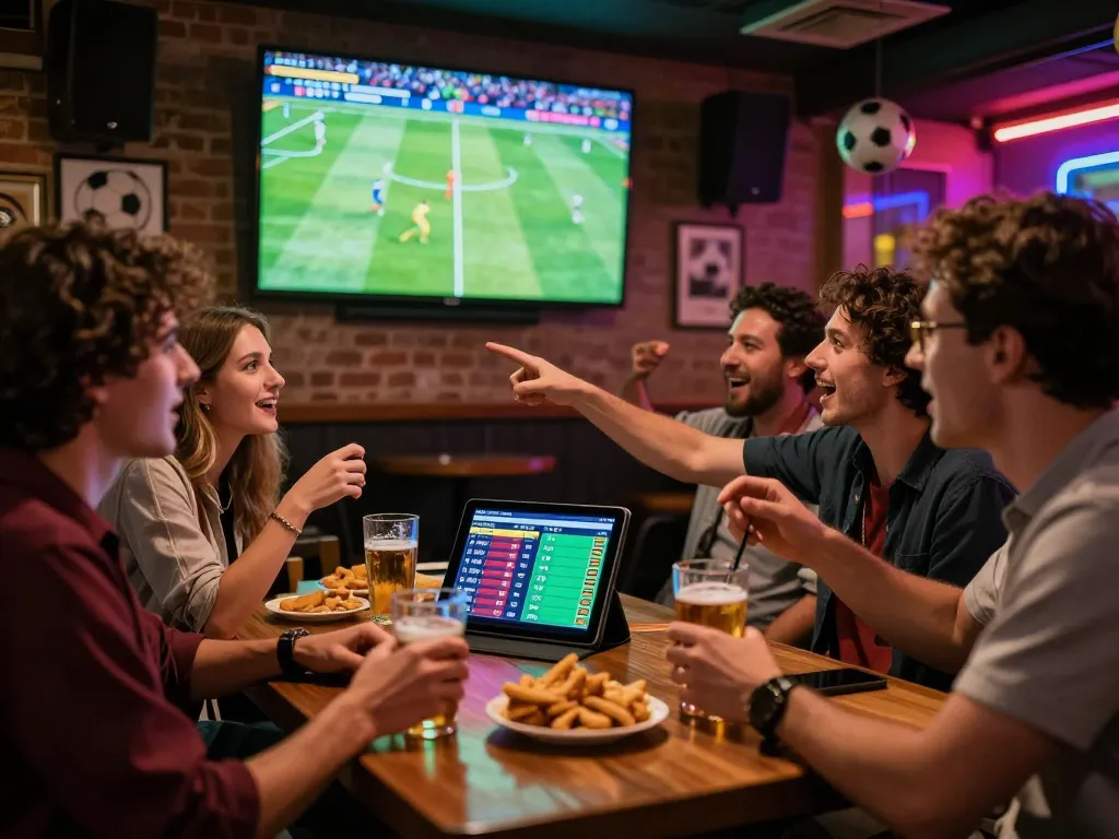 Excited friends enjoying a live match while discussing bóng đá kèo nhà cái in a vibrant sports bar.