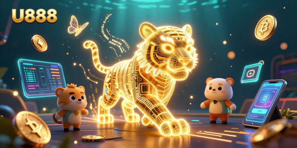 Engage with the captivating U888 digital casino scene featuring a neon tiger and cryptos.