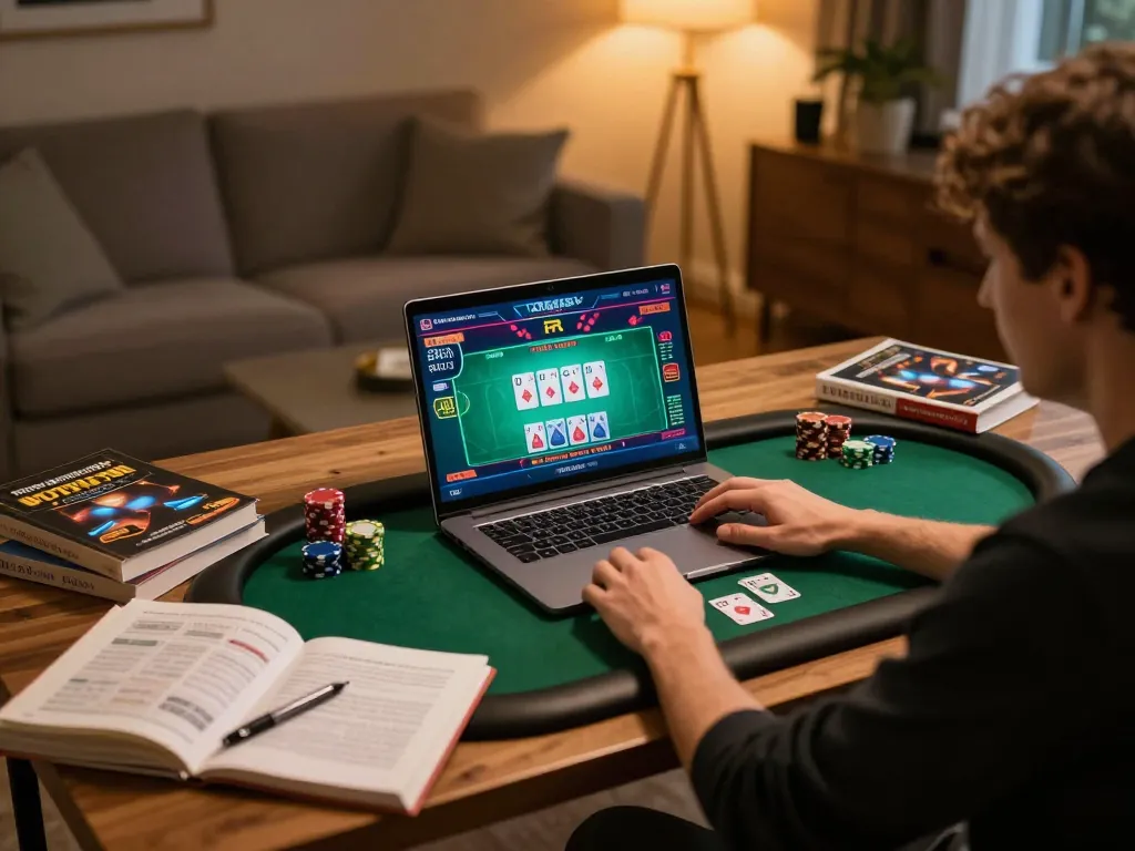 FLY88 poker player engaged in intense online gaming session at home, showcasing strategic gameplay