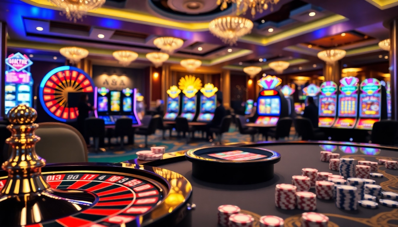 Exciting casino scene with players engaging at https://uu88xpj.com/ featuring roulette and slot machines.