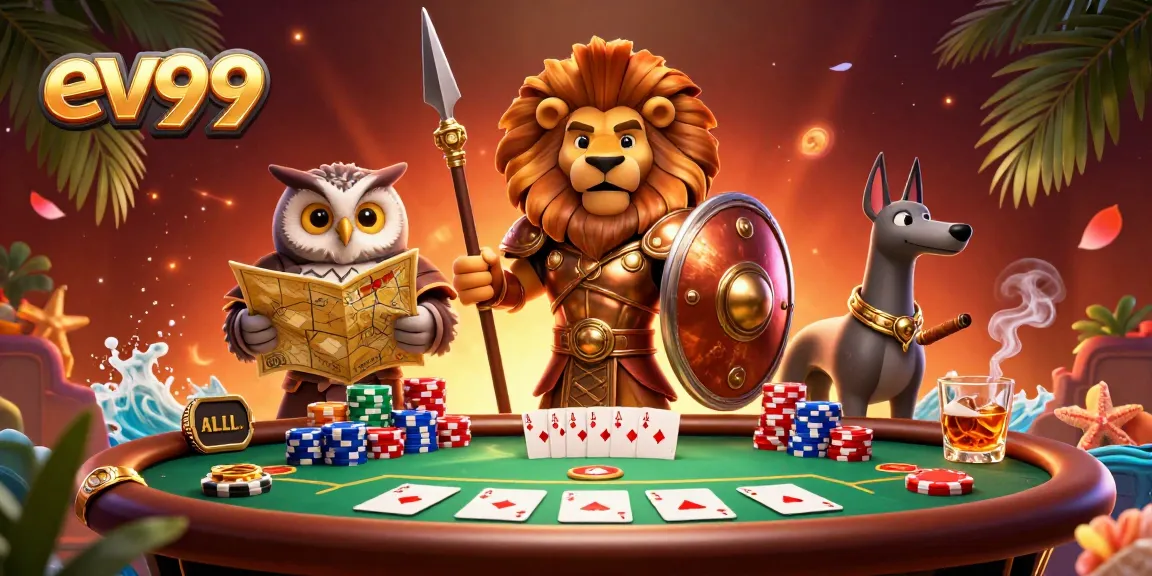 Engage in thrilling poker action at ev99 with a vibrant 3D scene featuring characters and game elements.