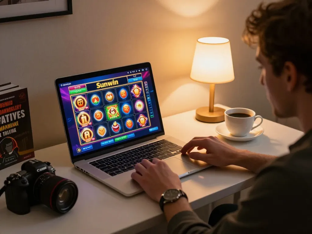 Engaged player spinning reels on Sunwin slots while enjoying a comfortable home setup