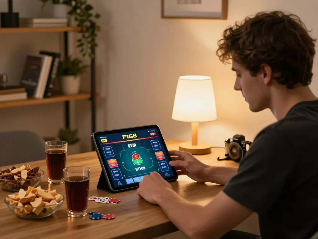 Person enjoying F168 online poker game with tablet in cozy home setting, emphasizing strategic gameplay.
