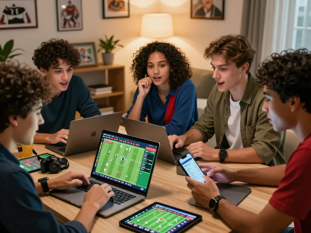 Friends analyzing kèo nhà cái for football bets in a cozy home setting.