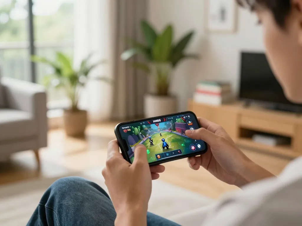 Player enjoying HM88 on smartphone, immersed in online gambling strategy in cozy living room.