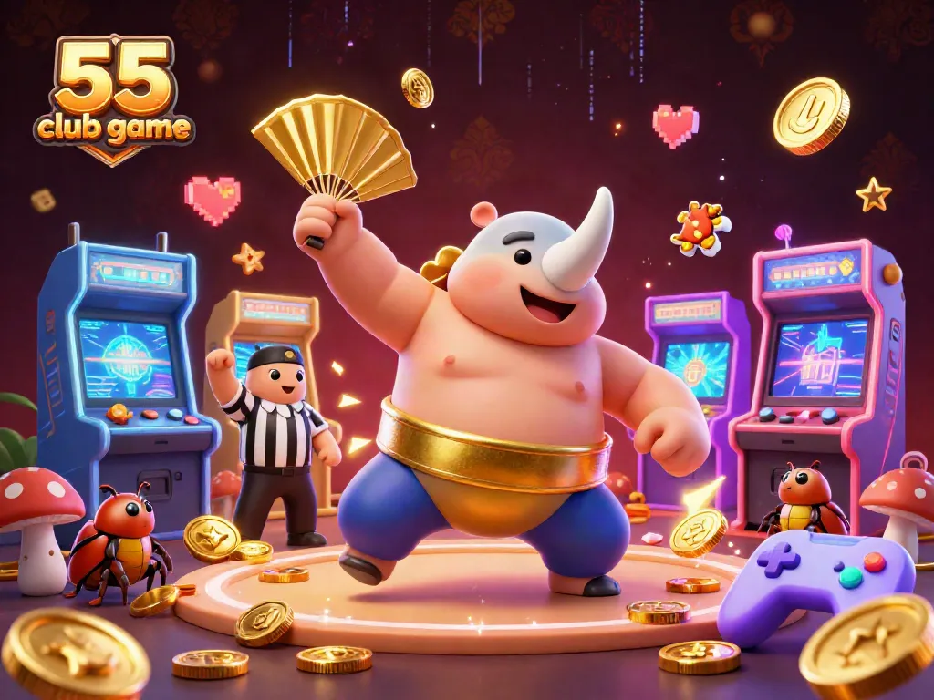 Experience the thrill of 55 club game with vibrant coins flying and lively characters in action.