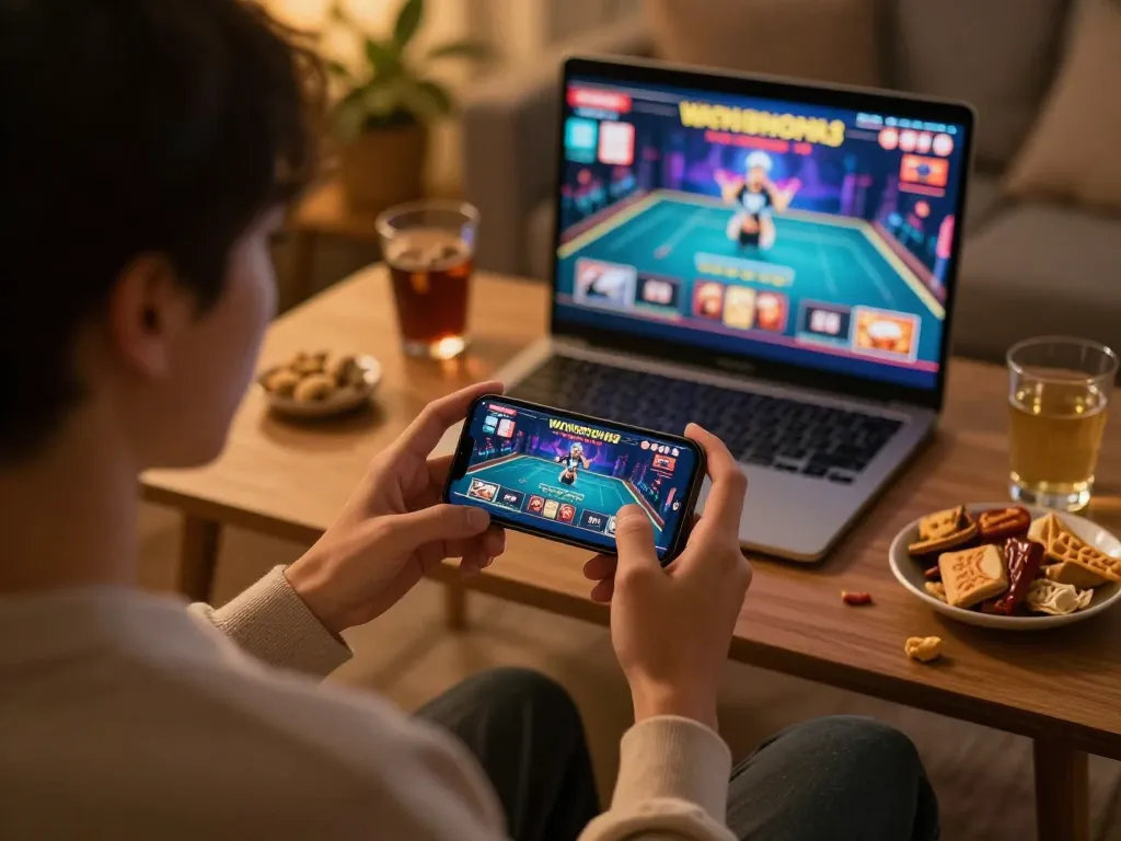 Player engaged in exciting fo88 mobile gaming action in a cozy home setting