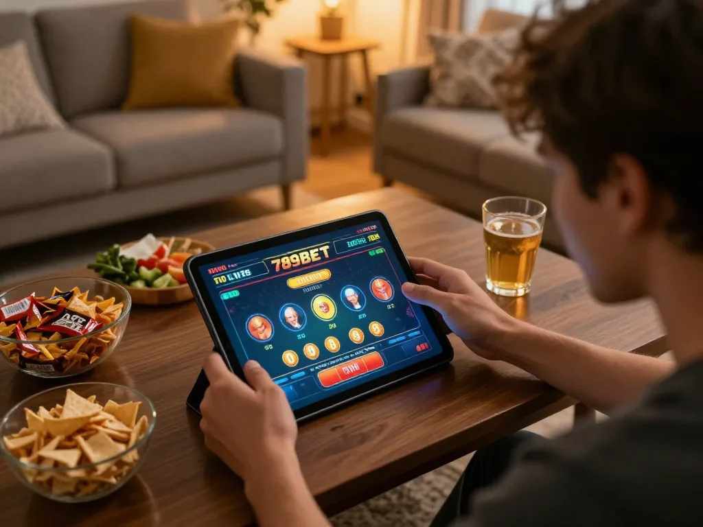 Experience intense gameplay with 789BET in a cozy home setting, actively betting on live dealer games.