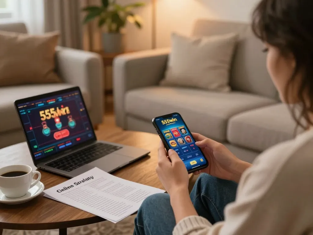 Playing 555win on a smartphone while relaxing at home, with betting strategy notes.