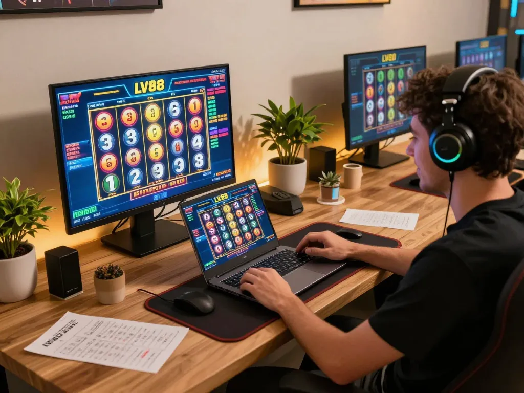 Player enjoying a thrilling gaming session at LV88's online casino, focused on slots gameplay.
