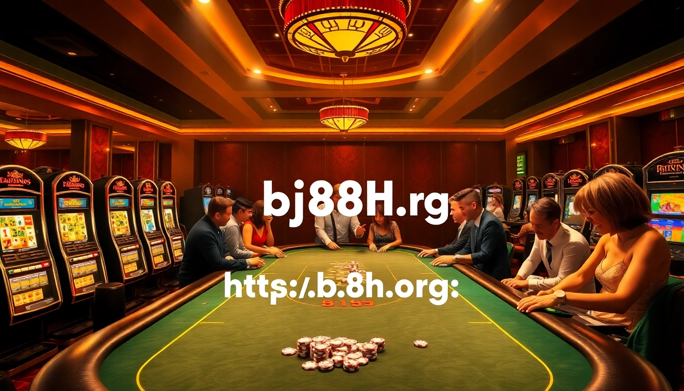 Exciting gambling scene at https://bj88h.org/ featuring poker tables and vibrant slot machines.