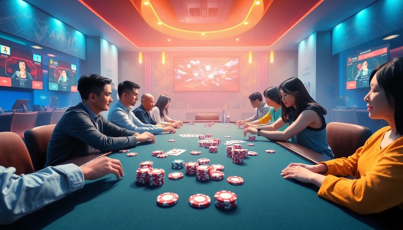 Engaging scene of players enjoying online card games at gamebaidoithuong.com.vc, highlighting excitement and modern technology.