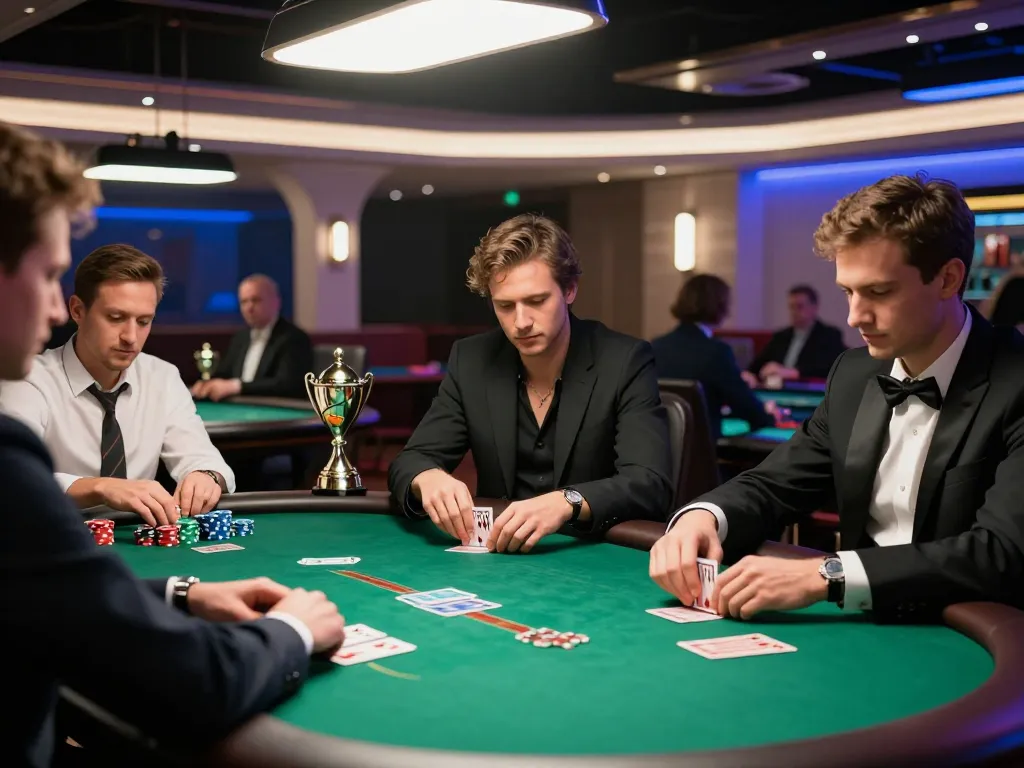 Players engage in a thrilling Ok9 poker game at an upscale casino, showcasing strategic gameplay.