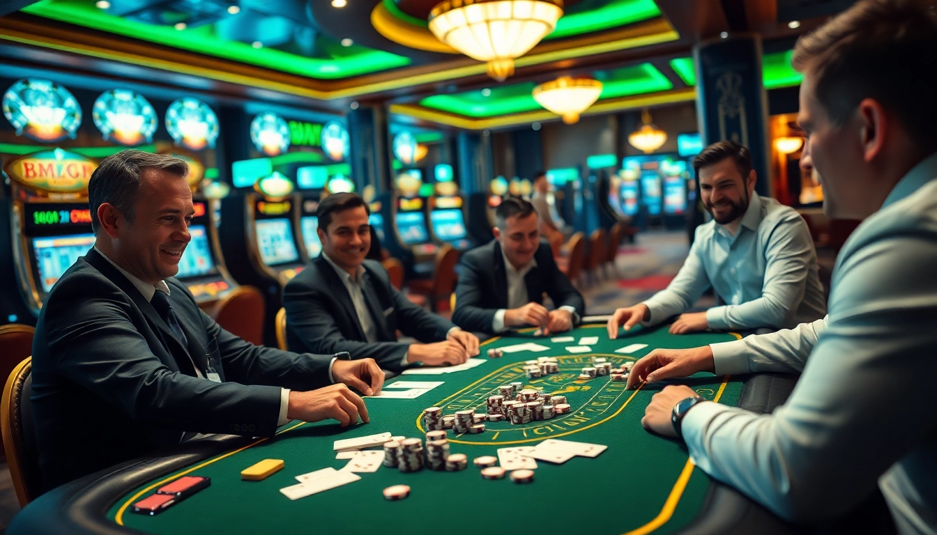 Players enjoying an engaging game at MN88 casino table, surrounded by poker chips and slots.