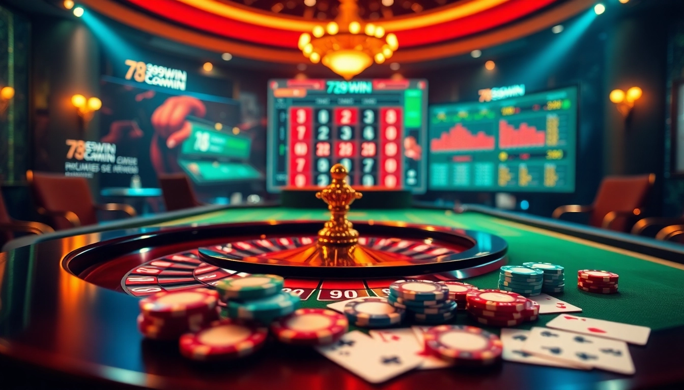 Engage in thrilling games at 789win vom, surrounded by vibrant casino tables and chips.