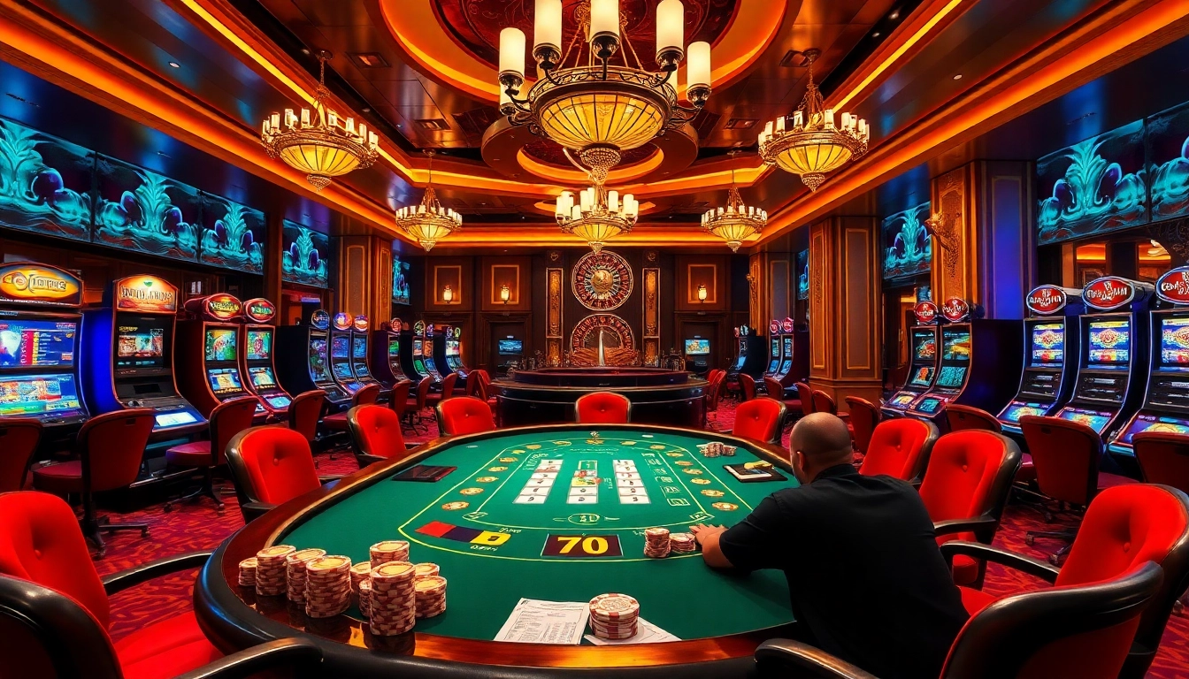 Experience the thrill of gambling at a luxurious casino showcasing 'rồng bạch kim' elements such as poker tables and vibrant slot machines.