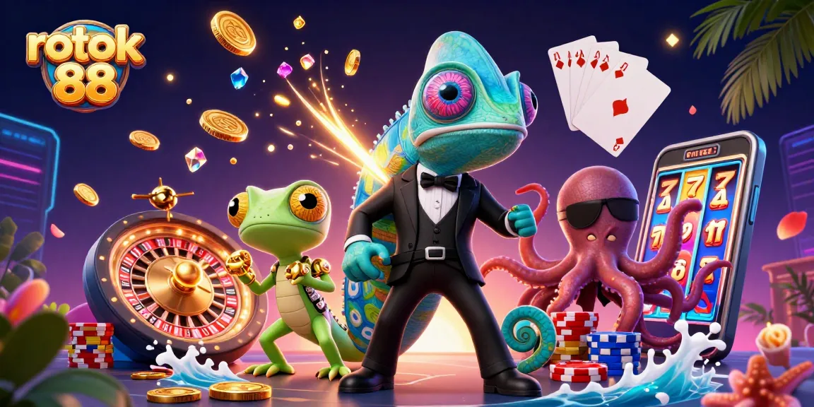Spin the jackpot with rokok 88: 3D cartoon illustration of a secret agent chameleon, a tech-gecko, and an octopus in a vibrant casino scene.