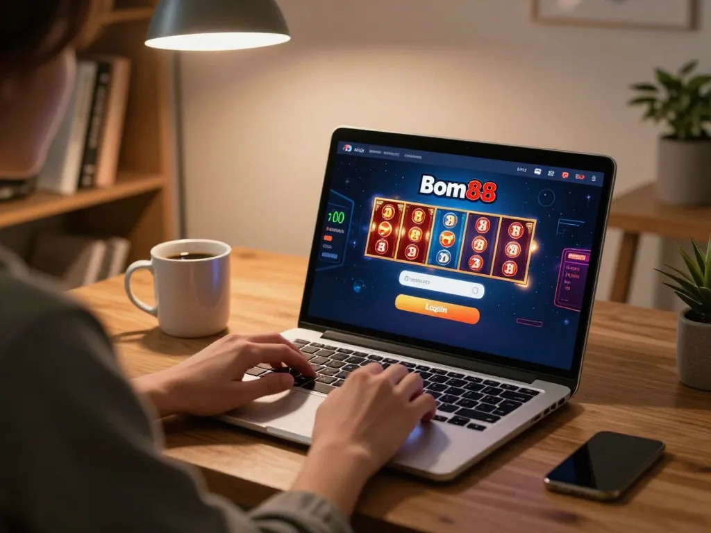Engage with Login Bom88 interface for online gaming at home with a cozy setup.