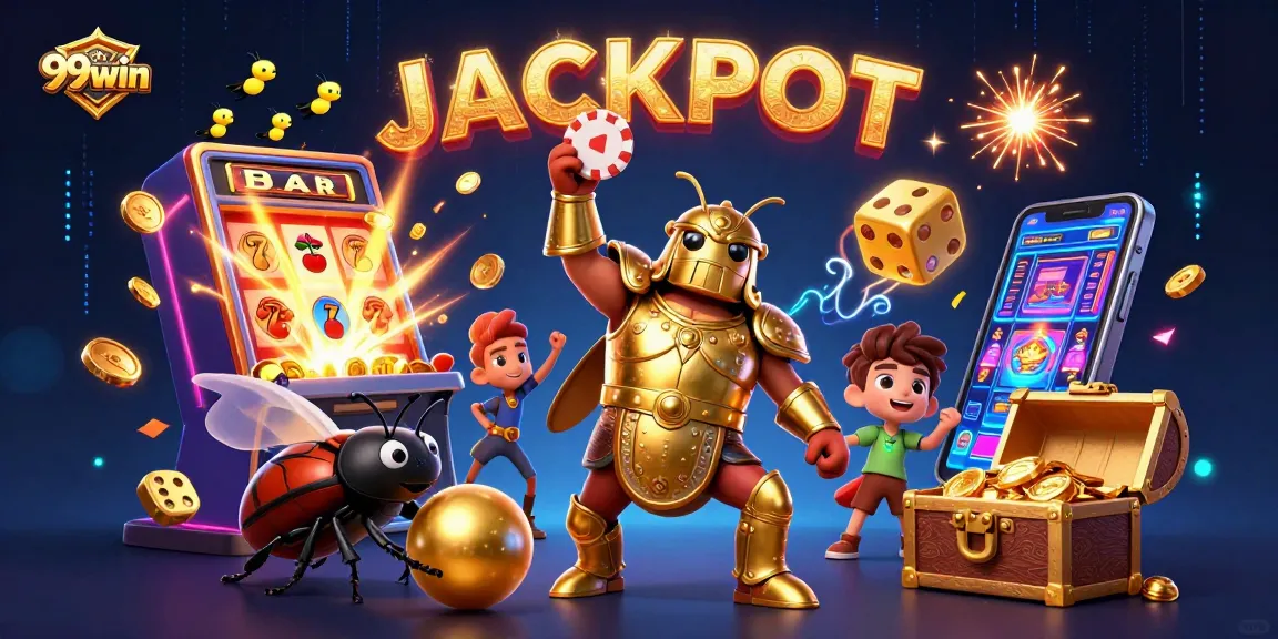 Celebrate victories with the 99win jackpot explosion and vibrant characters in an exciting casino scene.