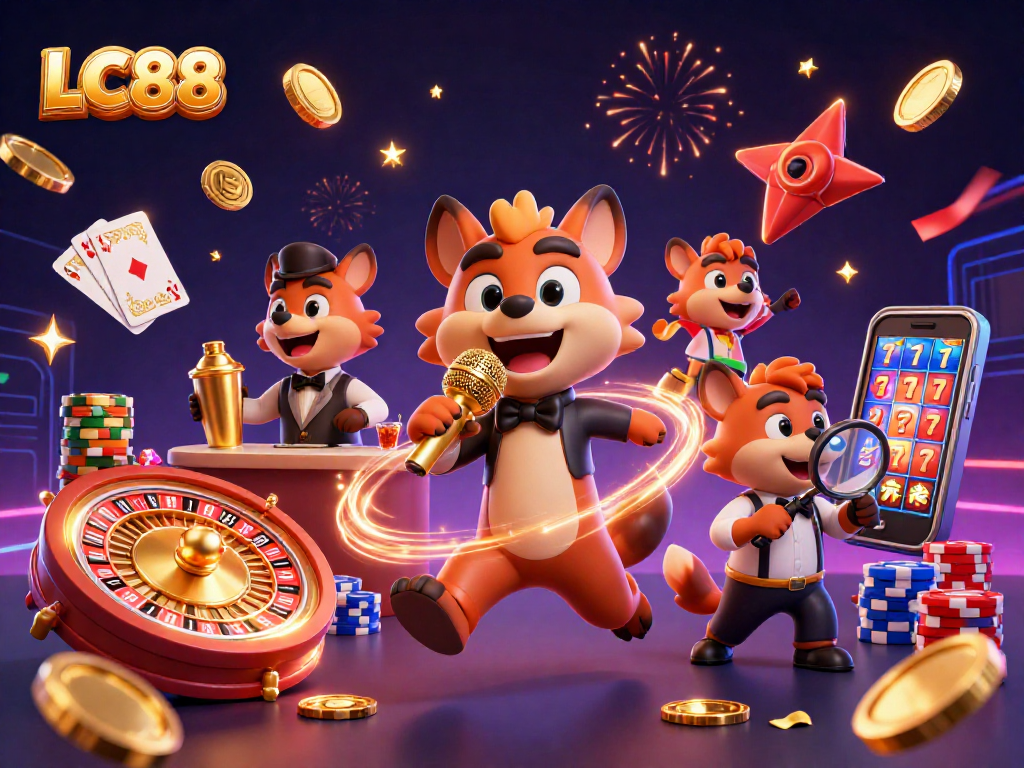 Engage with LC88's vibrant casino atmosphere featuring hyenas, golden coins, and exciting games.