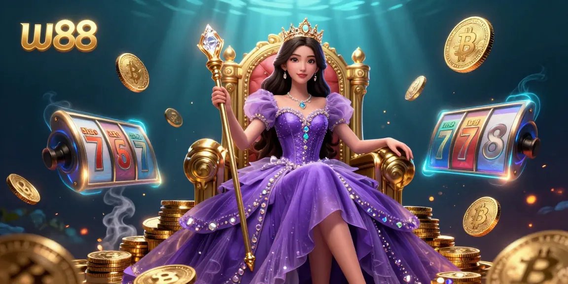 w88 brings a vibrant casino atmosphere with a regal Asian princess surrounded by dynamic game elements in a luxurious illustration.