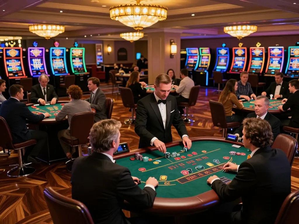 A player enjoying a thrilling blackjack game at ok365, with colorful casino environment highlighting the intense atmosphere.