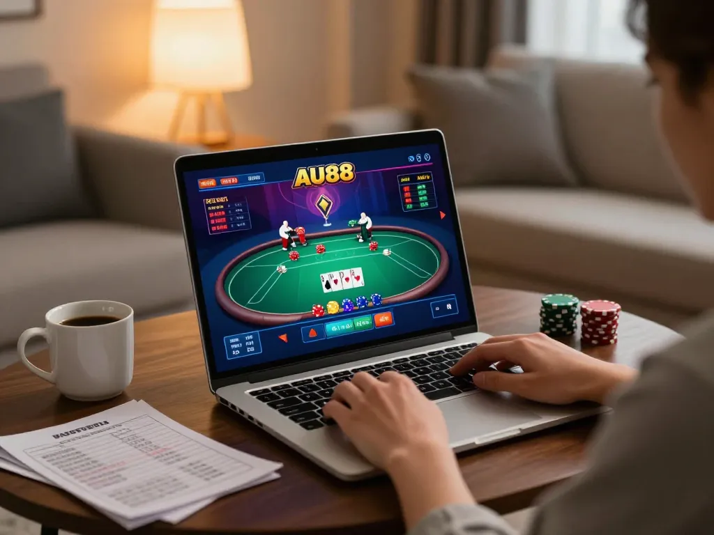 Experience thrilling online gaming at Au88 with vibrant poker action displayed on a laptop.