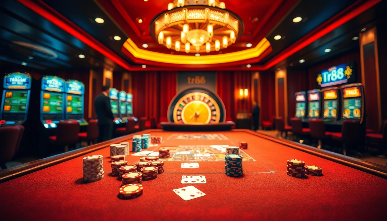 Betting at a luxurious poker table with vibrant chips and cards, featuring tr88 themes.