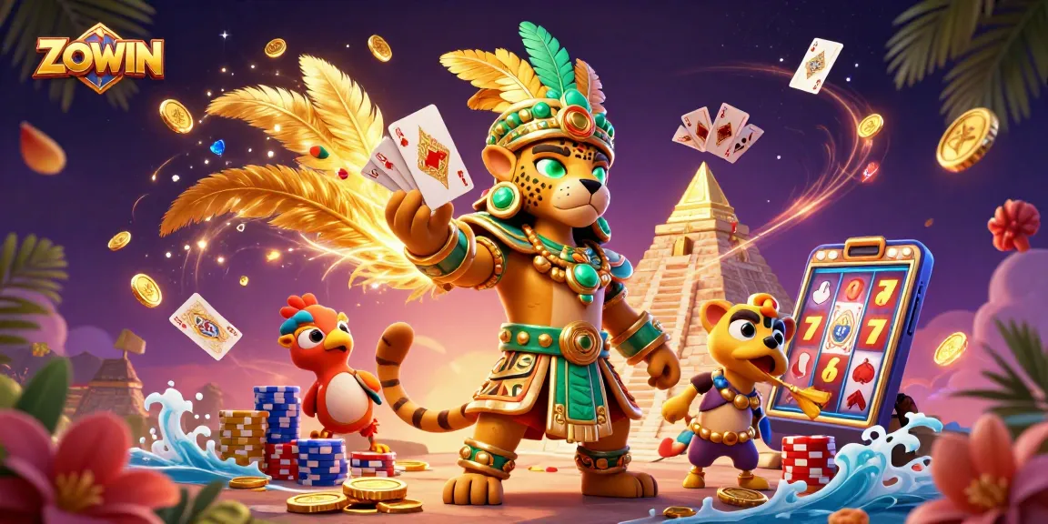Engage with ZOWIN's thrilling gameplay featuring a Mayan priest amid a vibrant casino scene.