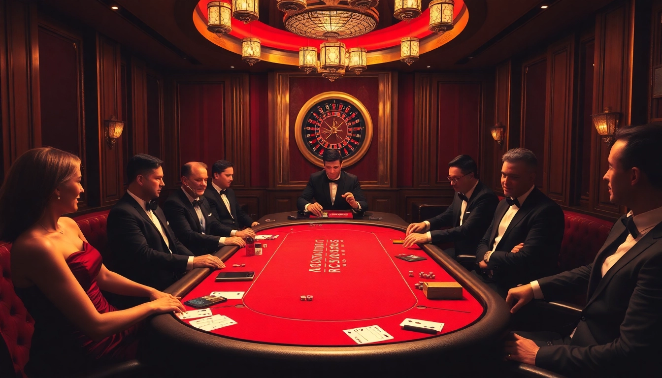 Players enjoying a poker game at a stylish casino with nk88bet.org featured on the screens.