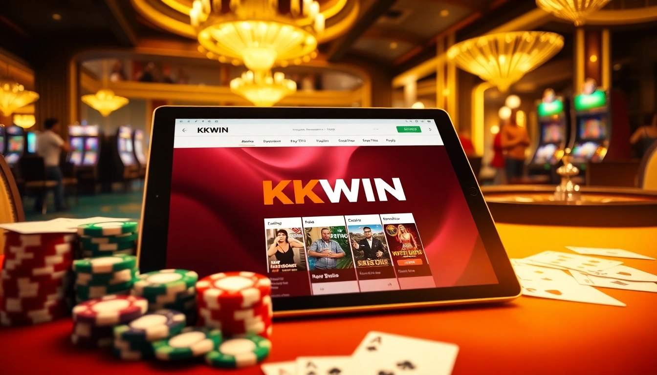 Engaging scene of KKWIN's homepage showcasing casino excitement with chips and cards.