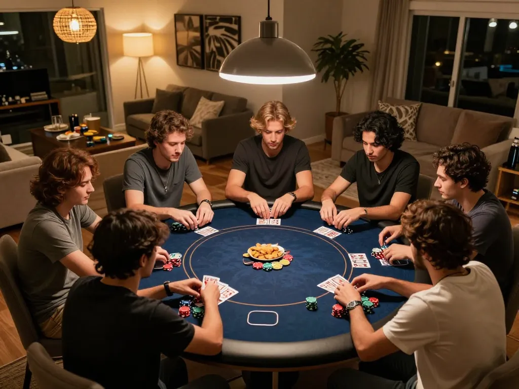 Engaging poker night scene at home where friends enjoy Texas Hold'em while using strategies from https://tx88at.com/.