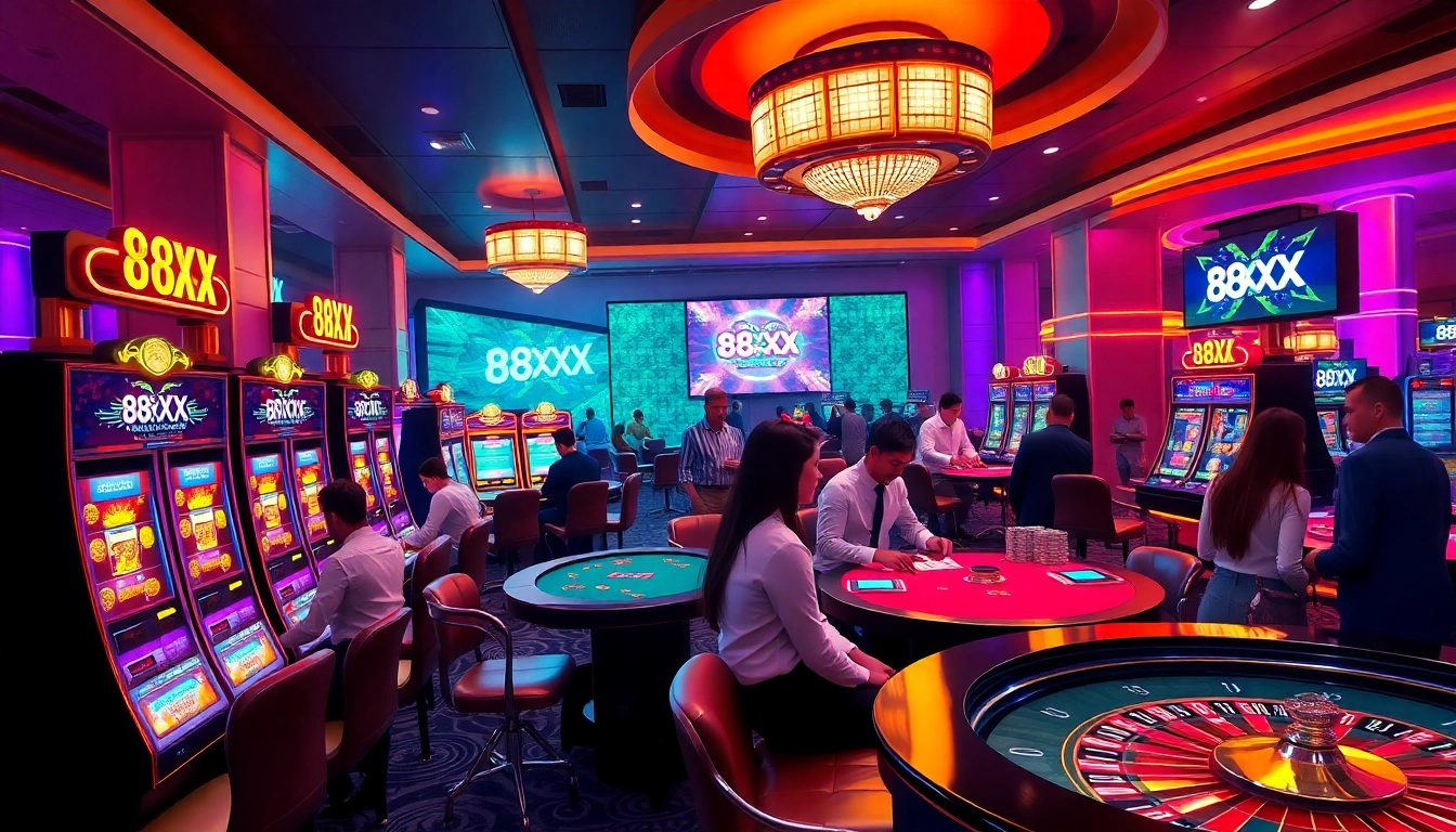 Experience thrilling gameplay at 88XX casino, featuring vibrant slot machines and engaging poker tables.