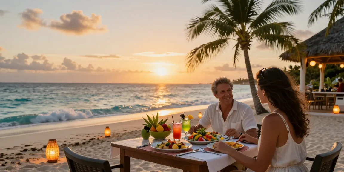 Couple enjoying dinner at non uk sites at cocomaya with vibrant Asian fusion cuisine by the beach at sunset.