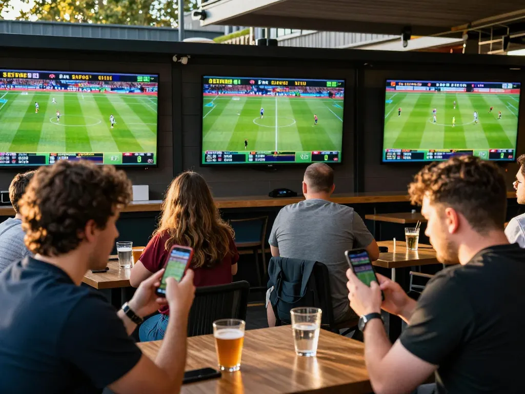 Fans enjoying sports betting at OKFUN, using smartphones and screens for live match updates, lively atmosphere
