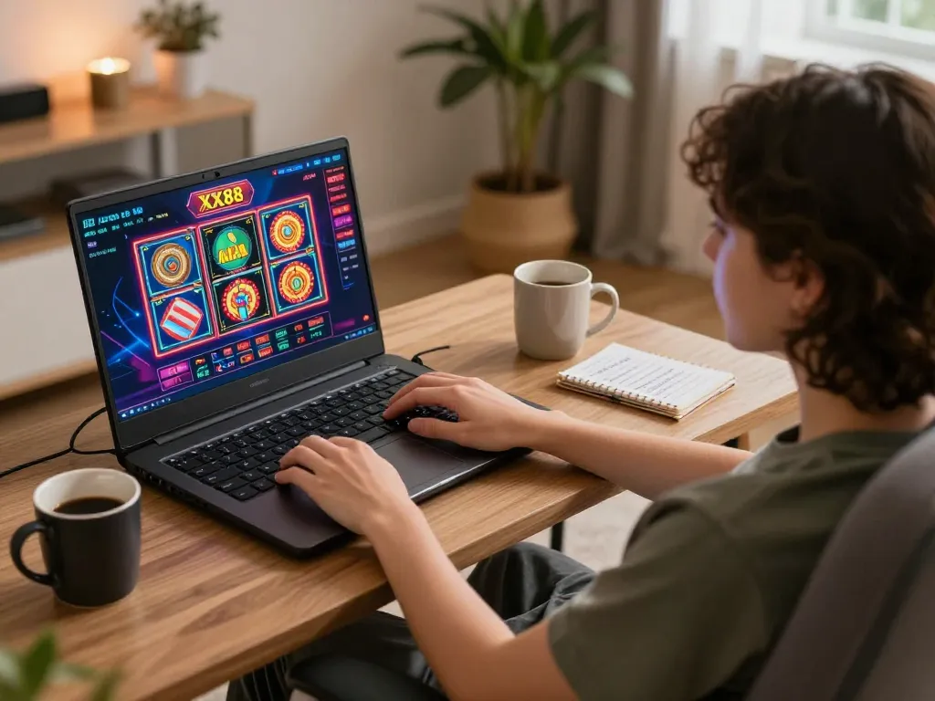 Engaging with the XX88 online casino interface, showcasing a dynamic home gaming setup.