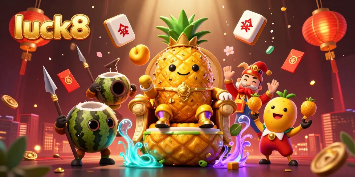 Engage with luck8's vibrant themed illustration showcasing a golden pineapple king ruling a festive casino world.